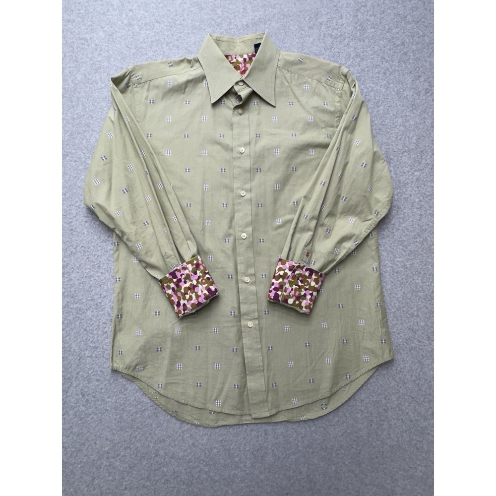 Robert Graham Shirt Mens Medium Olive Geometric Button Up Flip Cuff Cotton 8260